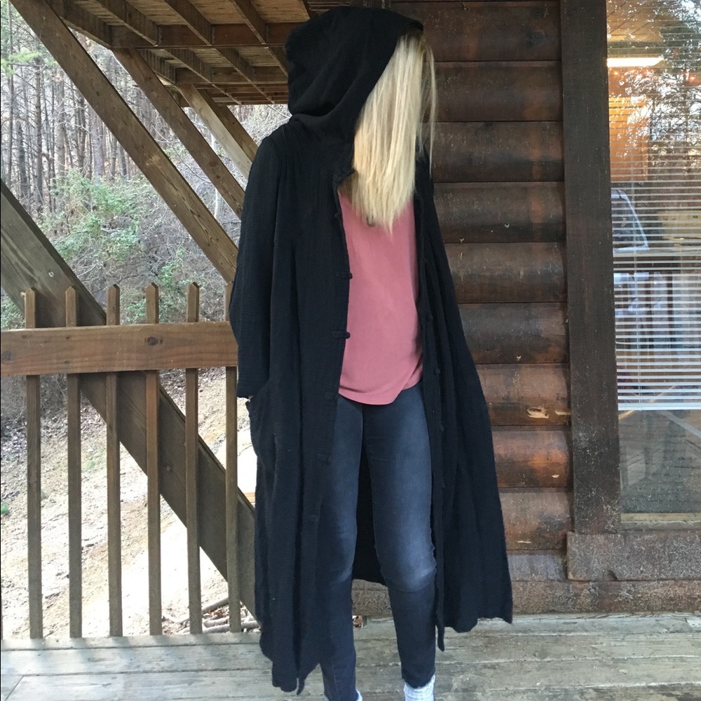 Long black hooded cardigan